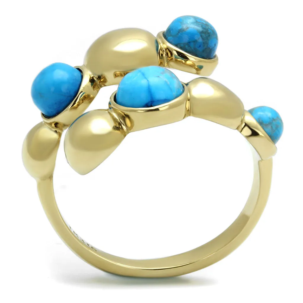 CJE3091 Wholesale Women's Stainless Steel IP Gold Round Semi-Precious Turquoise Minimal Bubble Ring