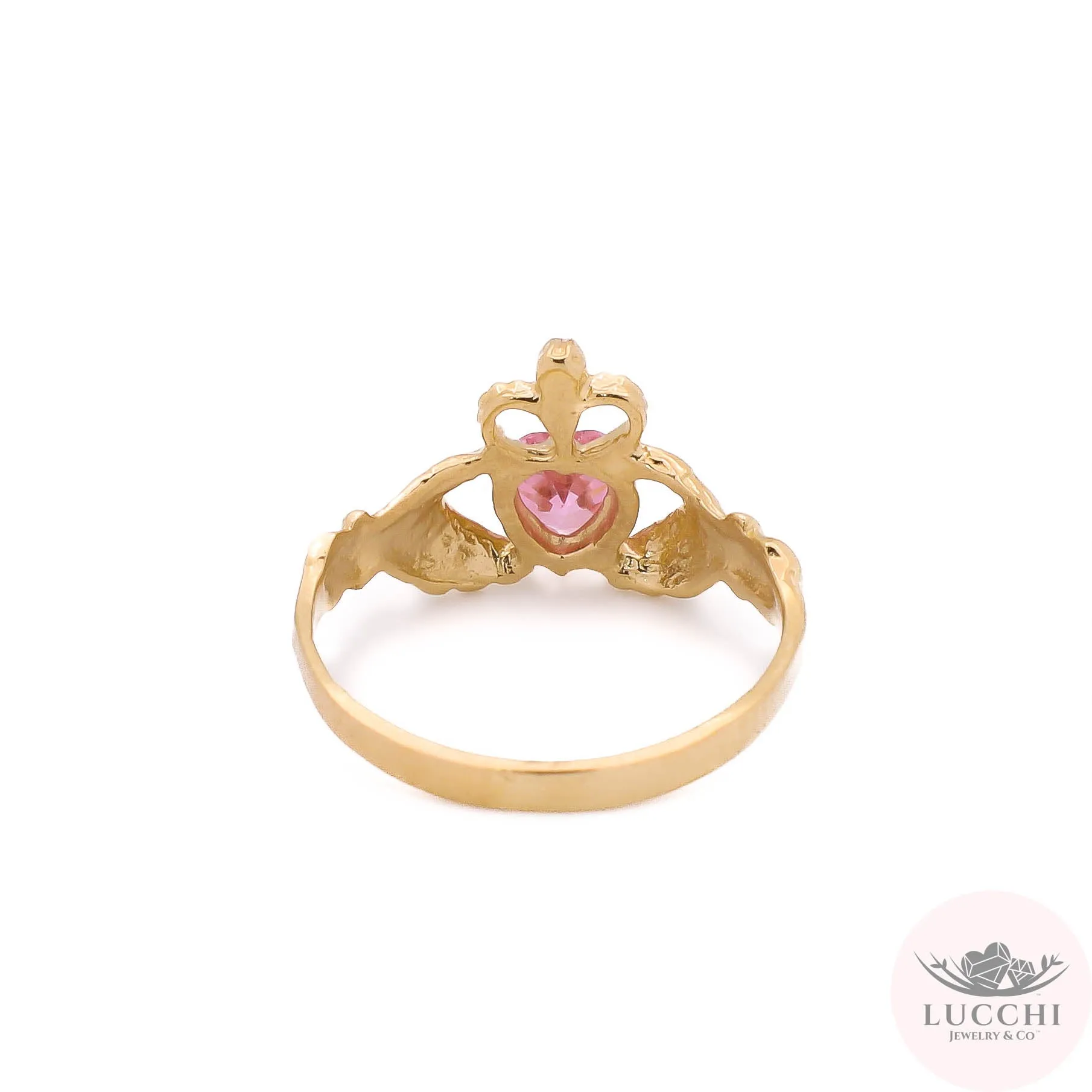 Claddagh Rustic Style Pink Stone Ring - Royal Crown - 14k
