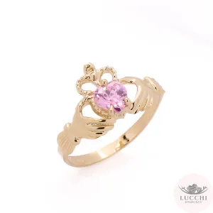Claddagh Rustic Style Pink Stone Ring - Royal Crown - 14k
