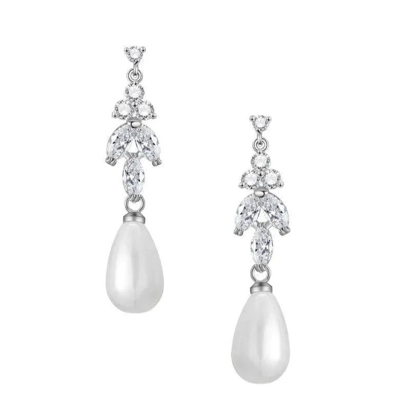 Crystal and Pearl Drop Wedding Earrings, Silver 7436