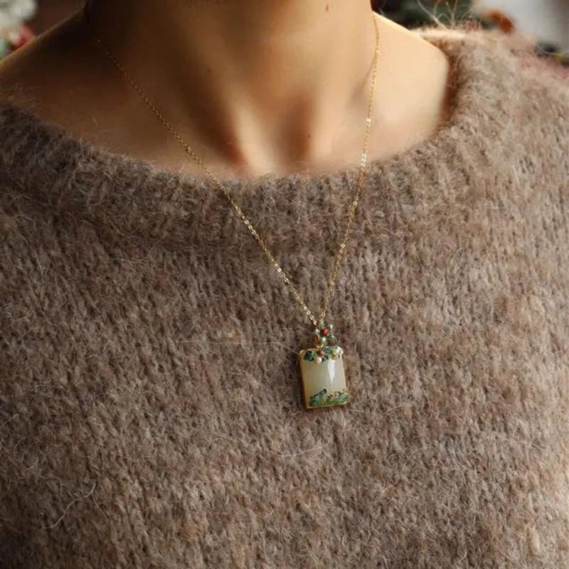 Designer unique creative new Hetian jade rectangular necklace pendant