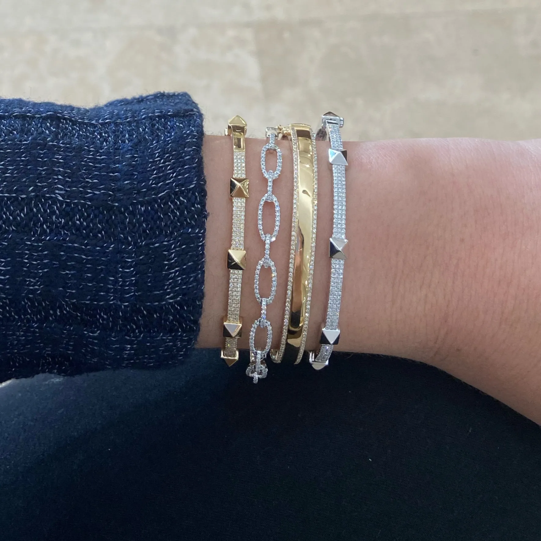 Diamond & Gold Pyramid Stud Bangle Bracelet