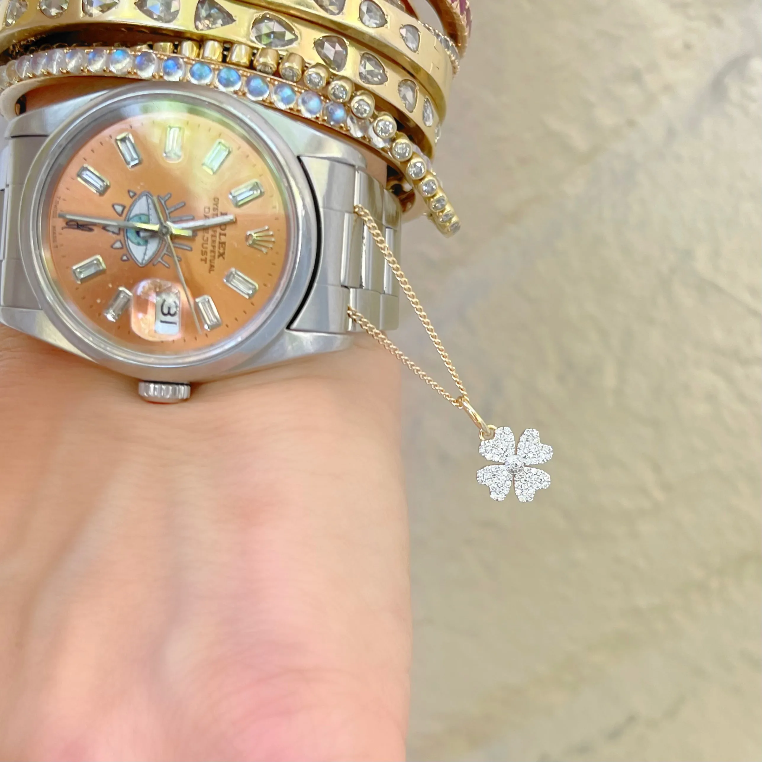 Diamond or Emerald Clover Watch Charm Bracelet