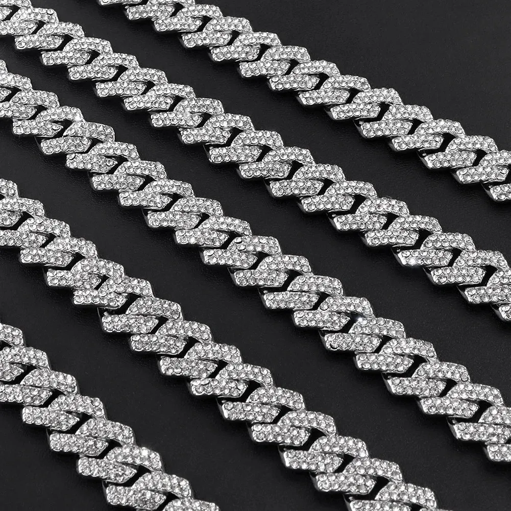 Distinguished HipHop Silver or Gold 14MM Prong Cuban Link Chain Necklace Bling Iced Out 2 Row Rhinestone Paved Miami Rhombus Cuban Necklace 8" to 24"Size Chains