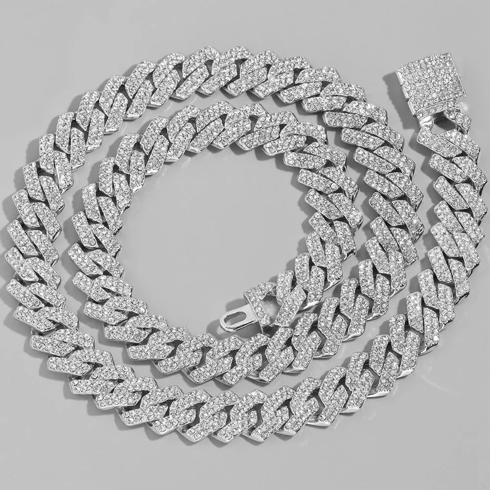 Distinguished HipHop Silver or Gold 14MM Prong Cuban Link Chain Necklace Bling Iced Out 2 Row Rhinestone Paved Miami Rhombus Cuban Necklace 8" to 24"Size Chains