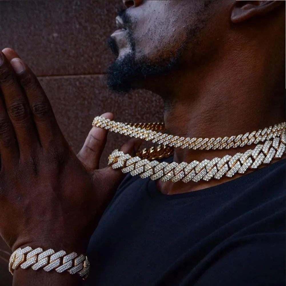 Distinguished HipHop Silver or Gold 14MM Prong Cuban Link Chain Necklace Bling Iced Out 2 Row Rhinestone Paved Miami Rhombus Cuban Necklace 8" to 24"Size Chains