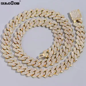 Distinguished HipHop Silver or Gold 14MM Prong Cuban Link Chain Necklace Bling Iced Out 2 Row Rhinestone Paved Miami Rhombus Cuban Necklace 8" to 24"Size Chains
