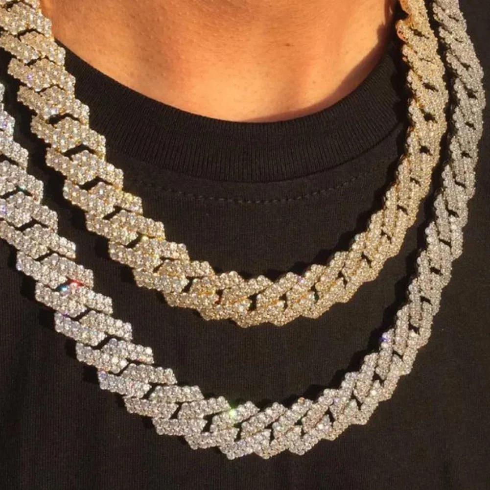 Distinguished HipHop Silver or Gold 14MM Prong Cuban Link Chain Necklace Bling Iced Out 2 Row Rhinestone Paved Miami Rhombus Cuban Necklace 8" to 24"Size Chains