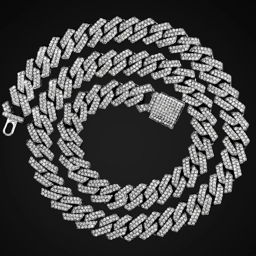 Distinguished HipHop Silver or Gold 14MM Prong Cuban Link Chain Necklace Bling Iced Out 2 Row Rhinestone Paved Miami Rhombus Cuban Necklace 8" to 24"Size Chains