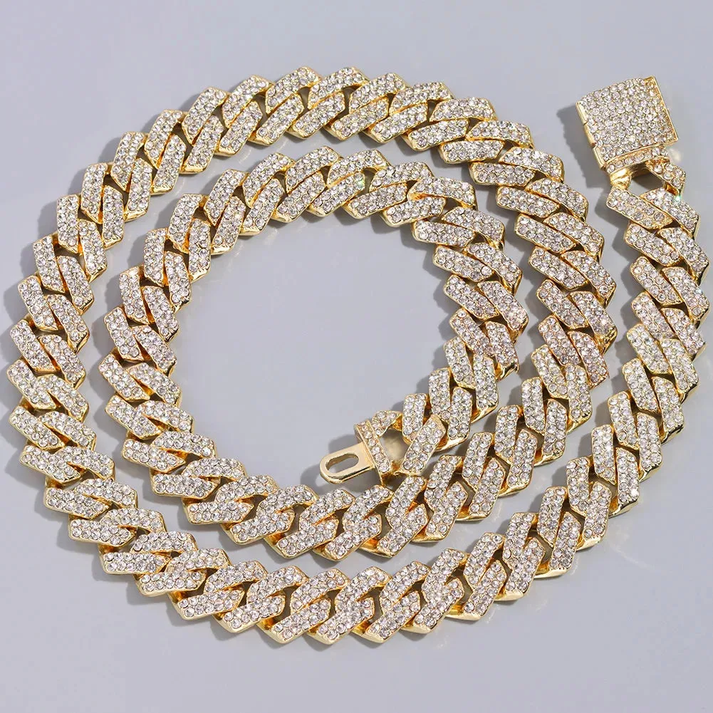 Distinguished HipHop Silver or Gold 14MM Prong Cuban Link Chain Necklace Bling Iced Out 2 Row Rhinestone Paved Miami Rhombus Cuban Necklace 8" to 24"Size Chains