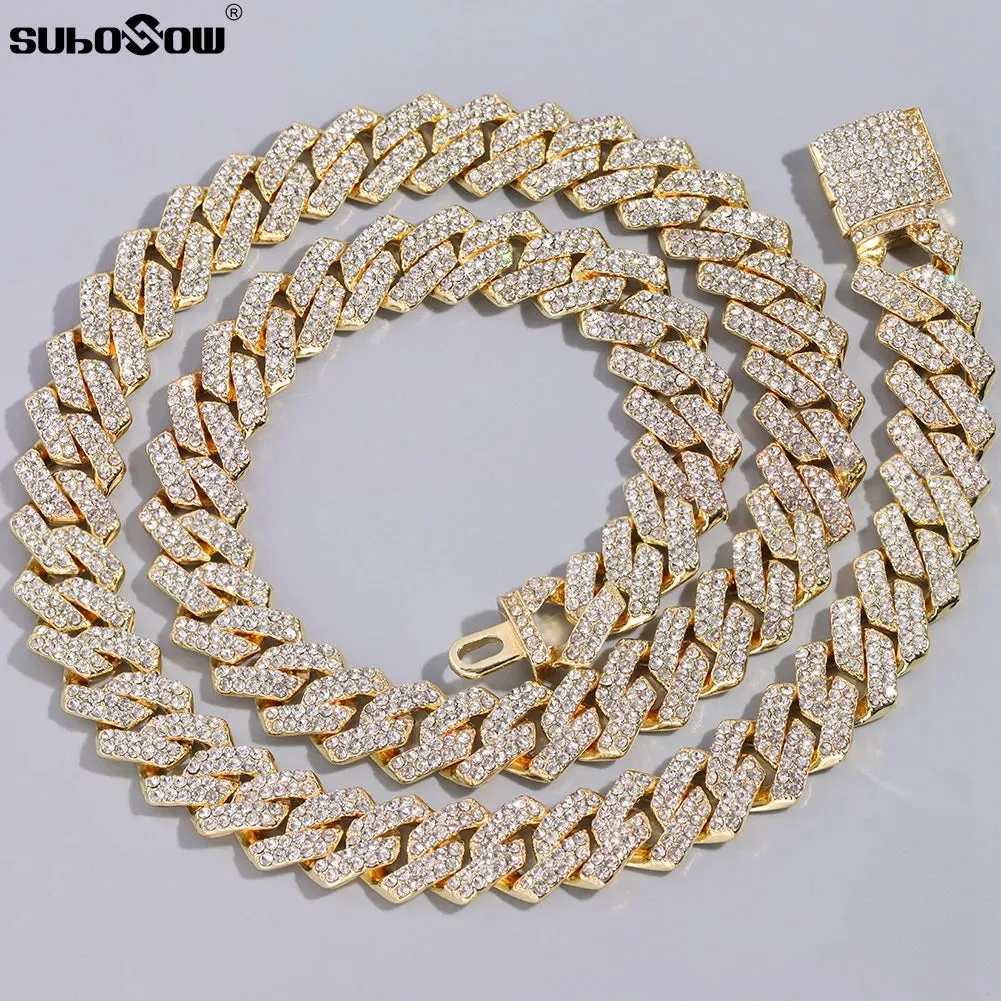 Distinguished HipHop Silver or Gold 14MM Prong Cuban Link Chain Necklace Bling Iced Out 2 Row Rhinestone Paved Miami Rhombus Cuban Necklace 8" to 24"Size Chains