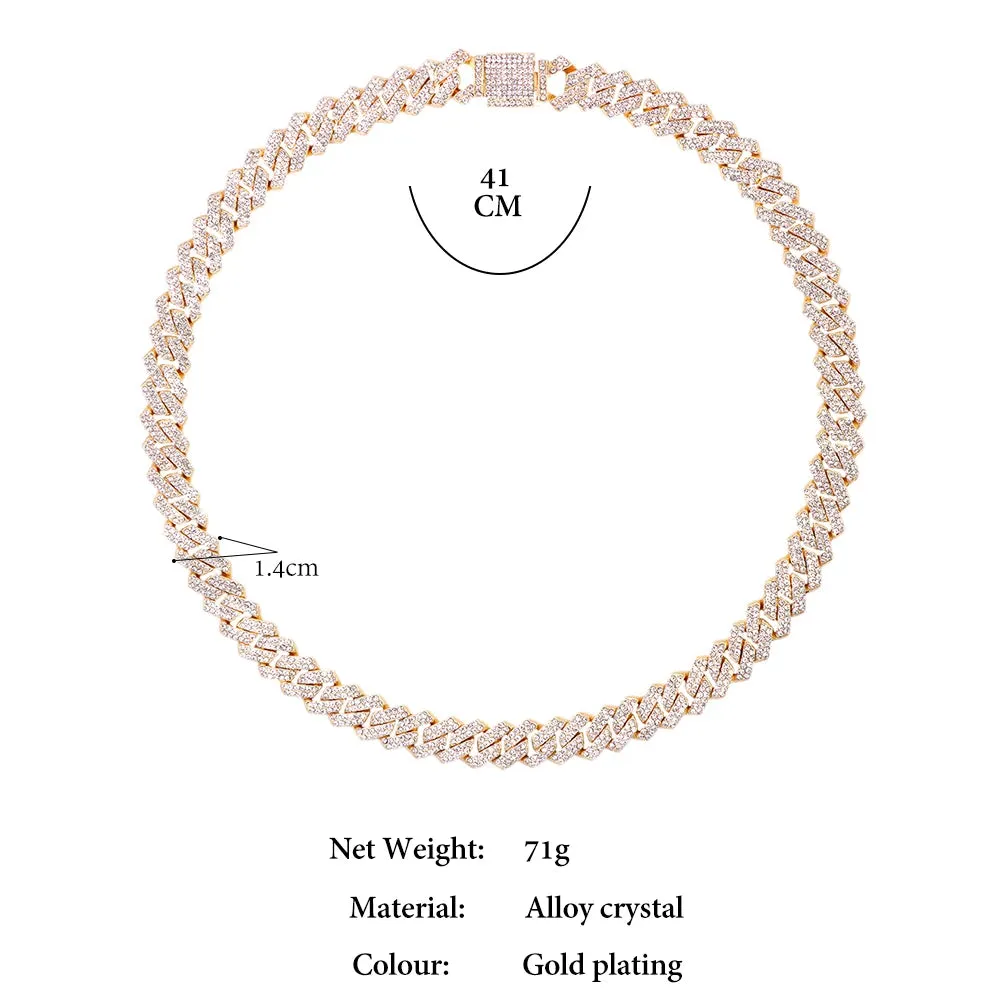 Distinguished HipHop Silver or Gold 14MM Prong Cuban Link Chain Necklace Bling Iced Out 2 Row Rhinestone Paved Miami Rhombus Cuban Necklace 8" to 24"Size Chains