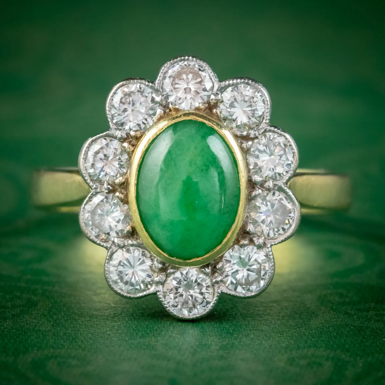 Edwardian Style Jade Diamond Ring 18ct Gold 1ct Jade 1.50ct Of Diamond Dated 1989