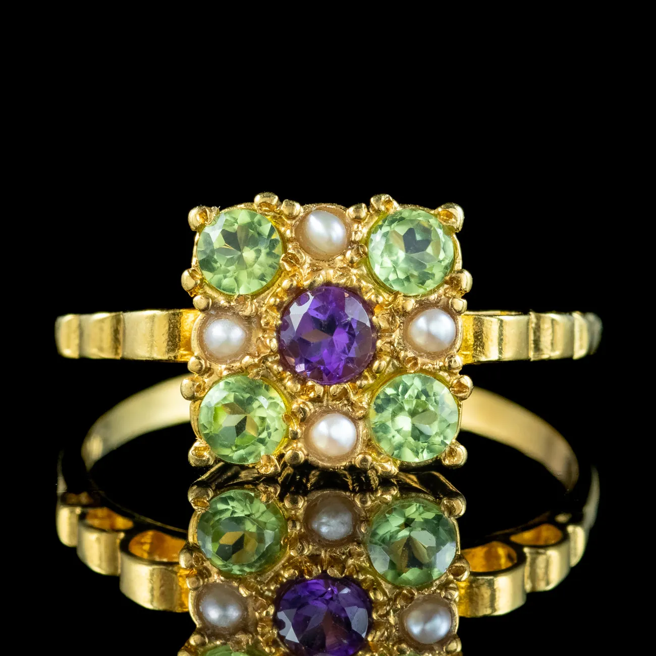Edwardian Style Suffragette Cluster Ring Amethyst Peridot Pearl