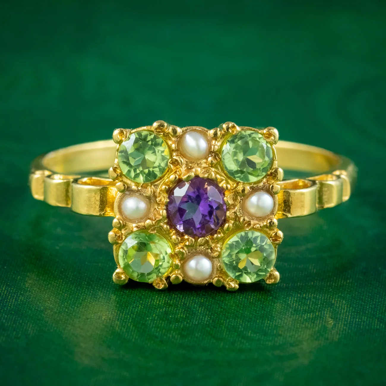 Edwardian Style Suffragette Cluster Ring Amethyst Peridot Pearl