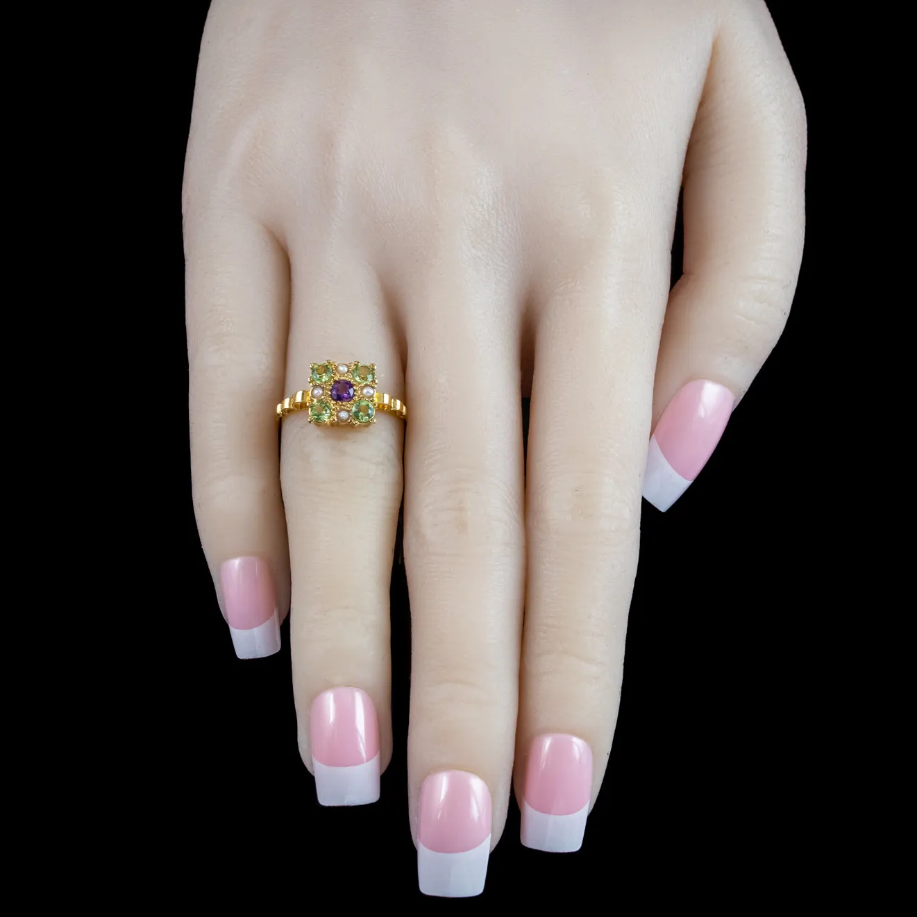 Edwardian Style Suffragette Cluster Ring Amethyst Peridot Pearl