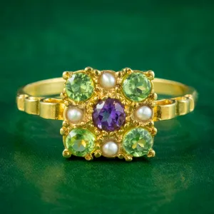 Edwardian Style Suffragette Cluster Ring Amethyst Peridot Pearl