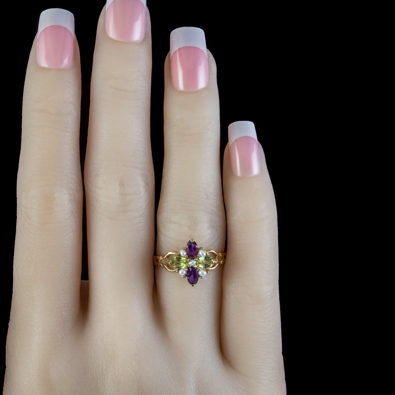 Edwardian Suffragette Style Cluster Ring Pearl Peridot Amethyst