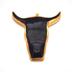 Electroplated Black Brown Wooden and Abalone Bull/Steer Skull Shaped Focal Pendants - Measuring 66mm x 63mm