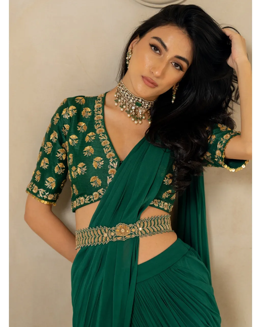Emerald Green Antique Tone Sari Set