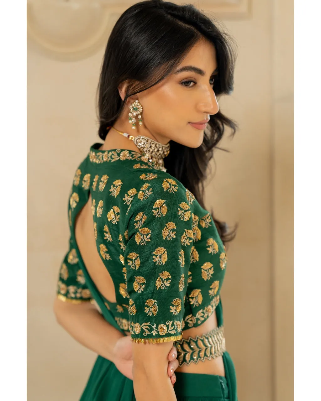 Emerald Green Antique Tone Sari Set