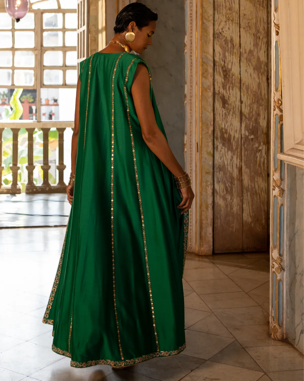 Emerald Satin Draped Skirt Set