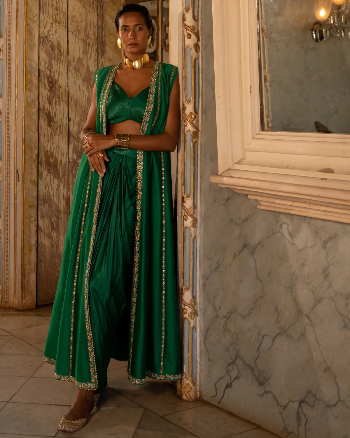 Emerald Satin Draped Skirt Set