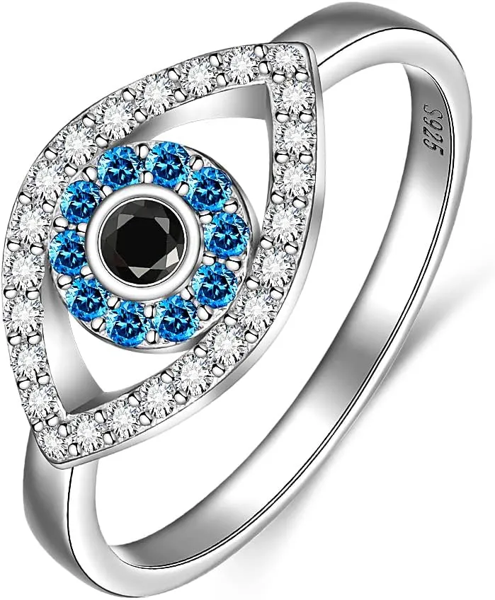 Evil Eye Ring Sterling Silver Protection Blue Sapphire Spiritual Turkish Rings for Women Mal De Ojo Greek Nazar Amulet Jewelry Size 6-10