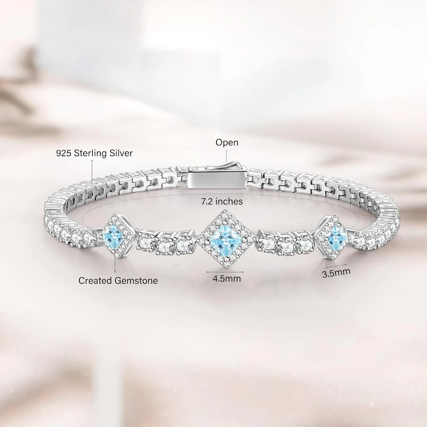 FANCIME Birthstone Bracelets 4mm Sterling Silver Tennis Bracelets Square Gemstone Bracelets Birthday Fine Jewelry Gifts for Women 7.2"