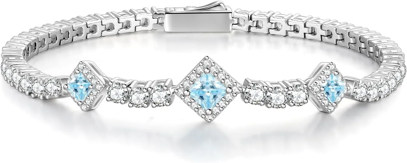 FANCIME Birthstone Bracelets 4mm Sterling Silver Tennis Bracelets Square Gemstone Bracelets Birthday Fine Jewelry Gifts for Women 7.2"