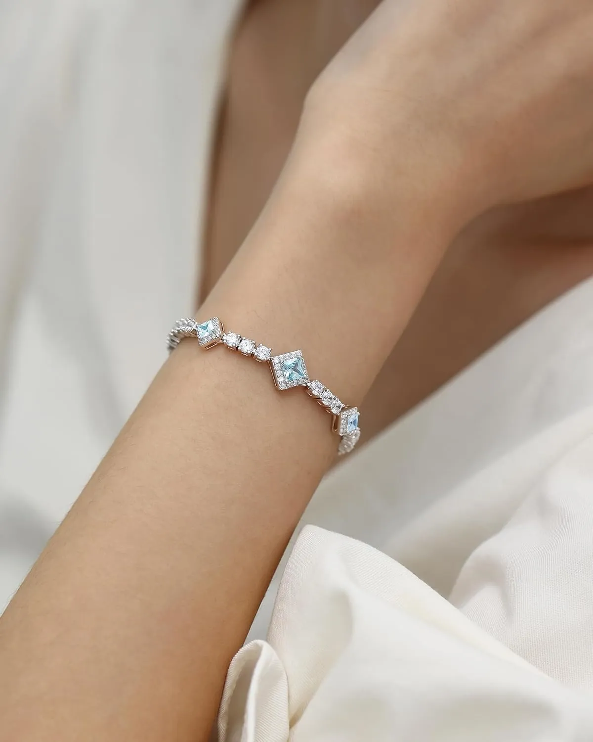 FANCIME Birthstone Bracelets 4mm Sterling Silver Tennis Bracelets Square Gemstone Bracelets Birthday Fine Jewelry Gifts for Women 7.2"