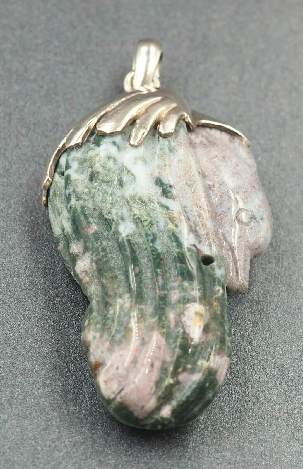 FANTASTIC UNIQUE DOLPHIN Carved Rock Pendant Sterling Silver Statement Jewellery