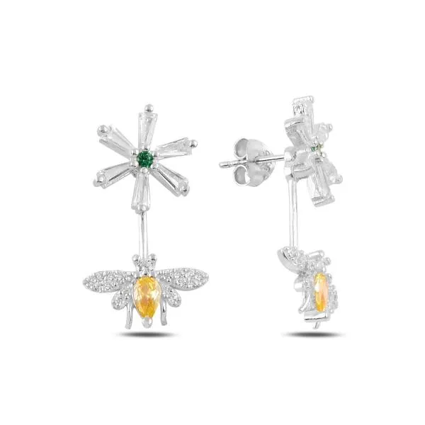 Flower And Detachable Bee Earrings in sterling silver