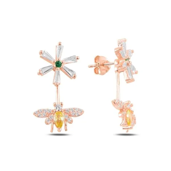 Flower And Detachable Bee Earrings in sterling silver