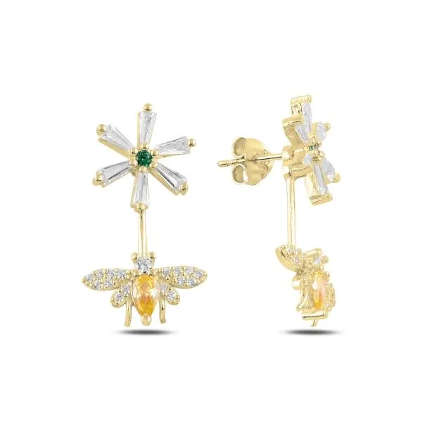 Flower And Detachable Bee Earrings in sterling silver