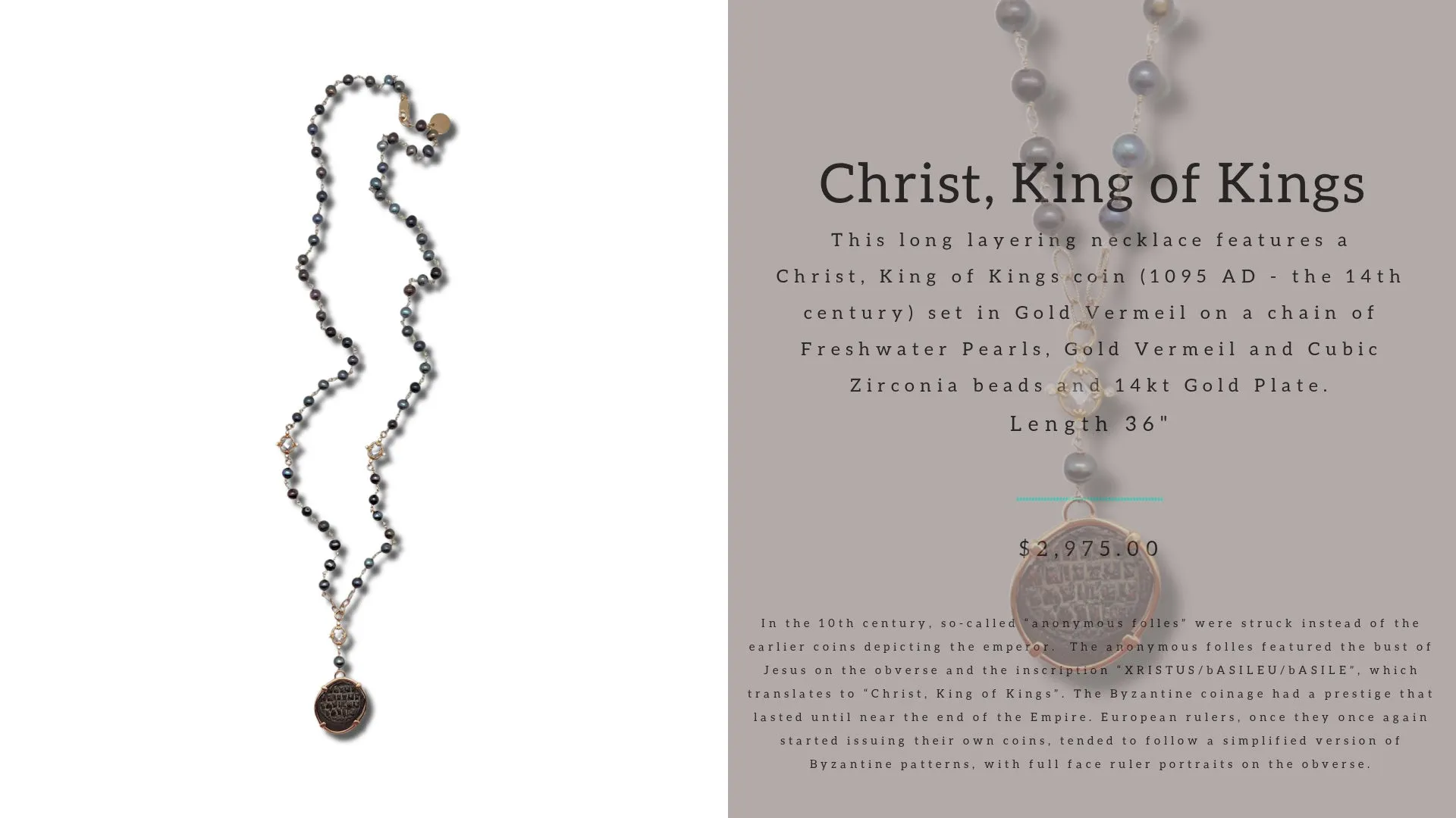 Freshwater Pearl, Cubic Zirconia and "Christ, King of Kings" Ancient Coin Necklace