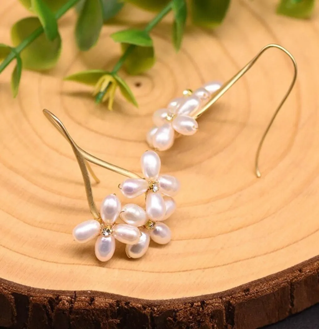 Freshwater Pearl Flower Cluster Dangle Earrings 2”