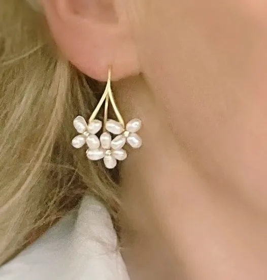 Freshwater Pearl Flower Cluster Dangle Earrings 2”