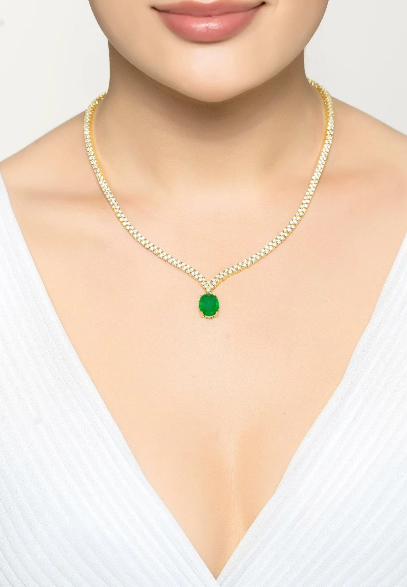 Garbo Oval Gemstone Tennis Necklace Emerald Gold