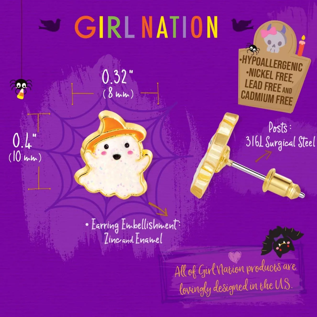 Girl Nation Halloween Glitter Ghost Stud Kids Earrings