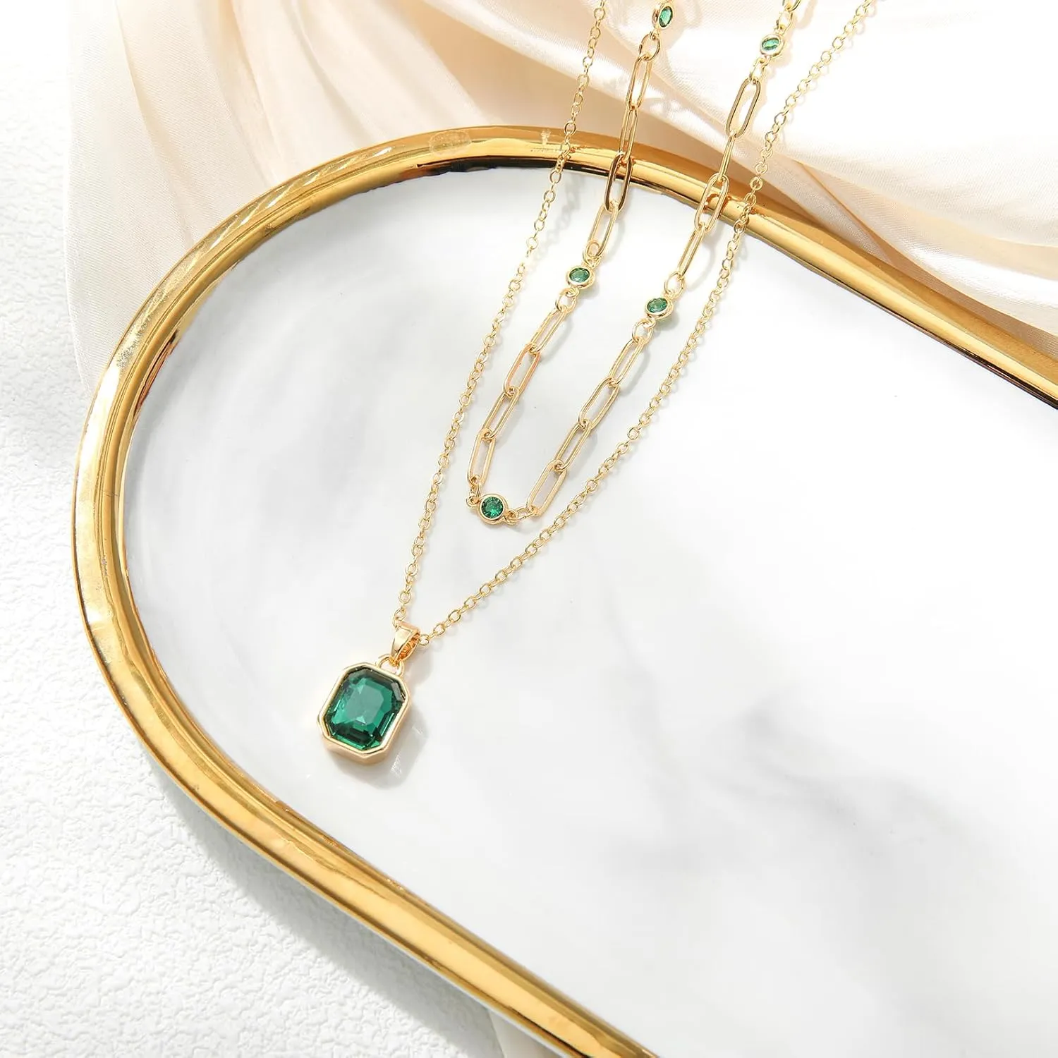Gold Layered Necklaces for Women, 18k Gold Plated Crystal Necklace Paperclip Choker Emerald Green Jewelry for Women Gifts