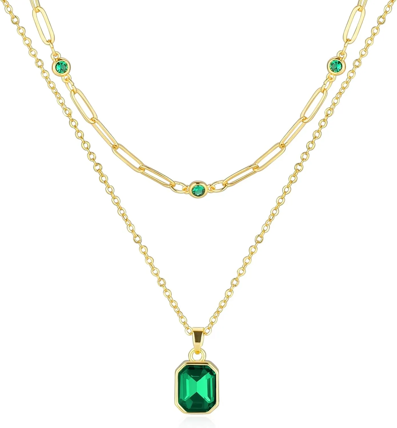 Gold Layered Necklaces for Women, 18k Gold Plated Crystal Necklace Paperclip Choker Emerald Green Jewelry for Women Gifts