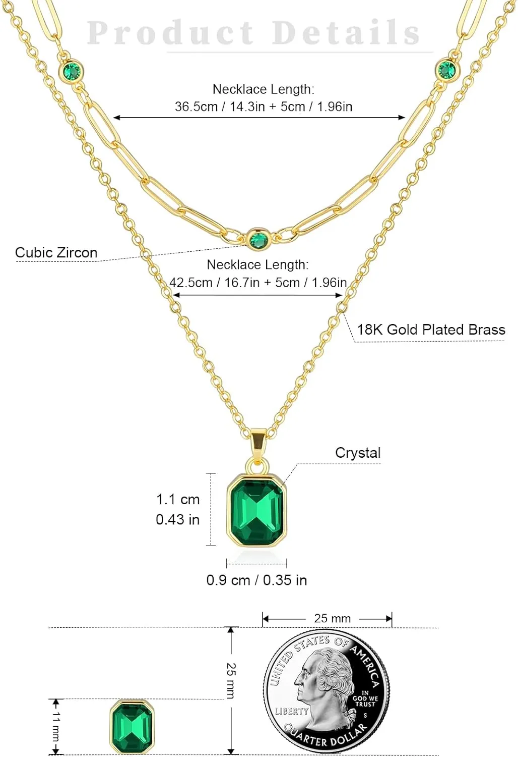 Gold Layered Necklaces for Women, 18k Gold Plated Crystal Necklace Paperclip Choker Emerald Green Jewelry for Women Gifts