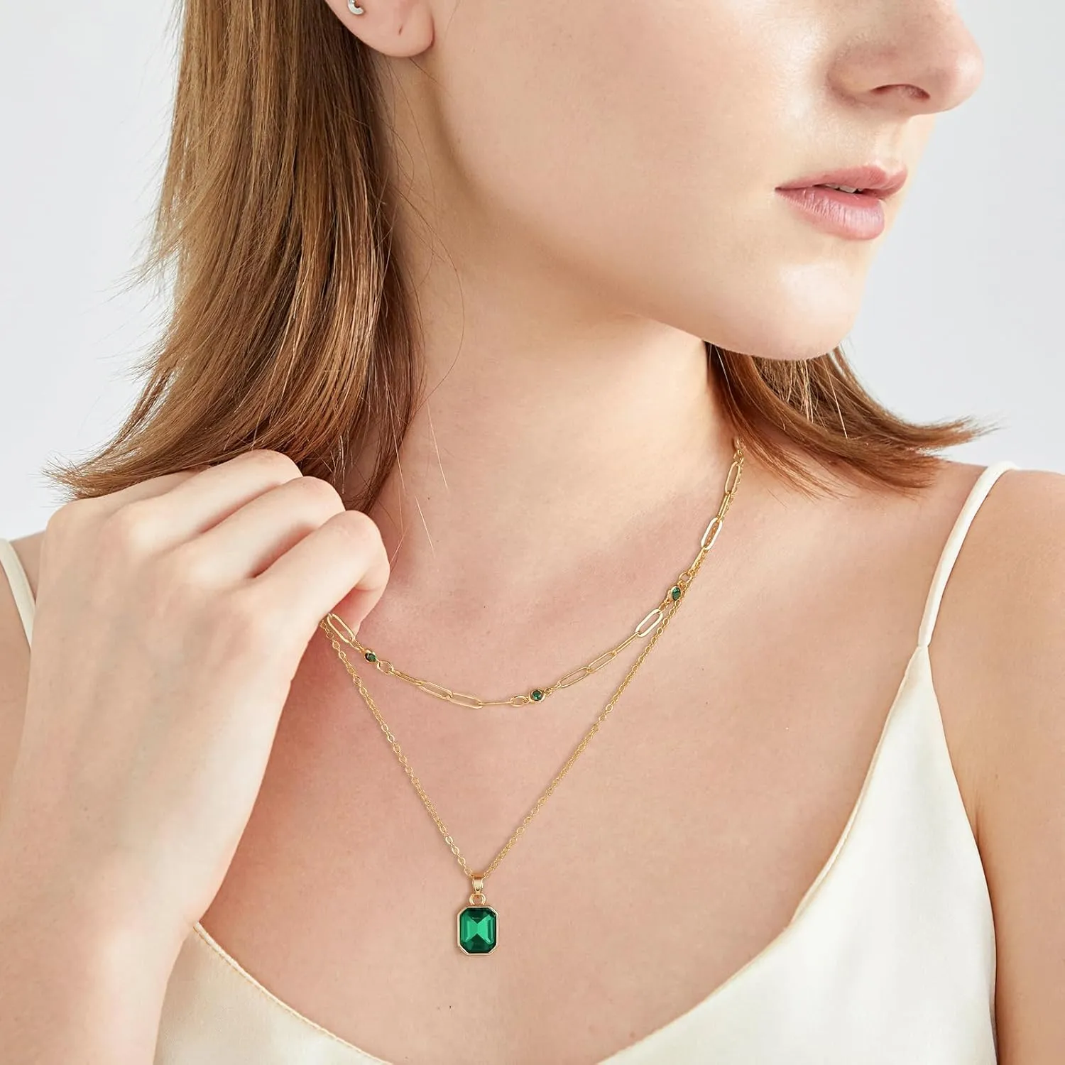 Gold Layered Necklaces for Women, 18k Gold Plated Crystal Necklace Paperclip Choker Emerald Green Jewelry for Women Gifts