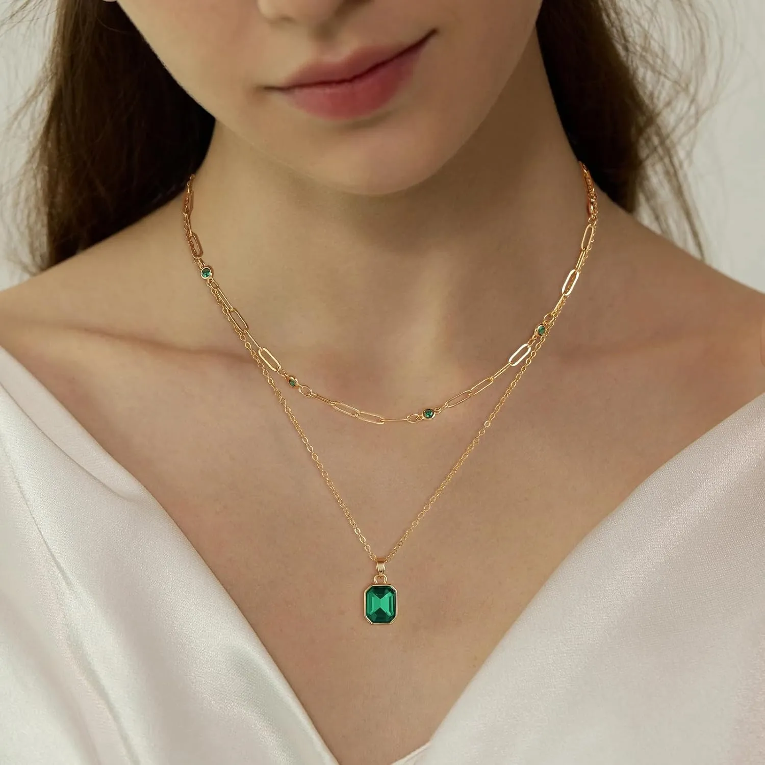 Gold Layered Necklaces for Women, 18k Gold Plated Crystal Necklace Paperclip Choker Emerald Green Jewelry for Women Gifts