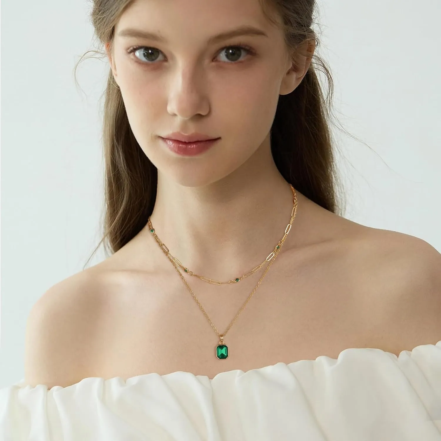 Gold Layered Necklaces for Women, 18k Gold Plated Crystal Necklace Paperclip Choker Emerald Green Jewelry for Women Gifts