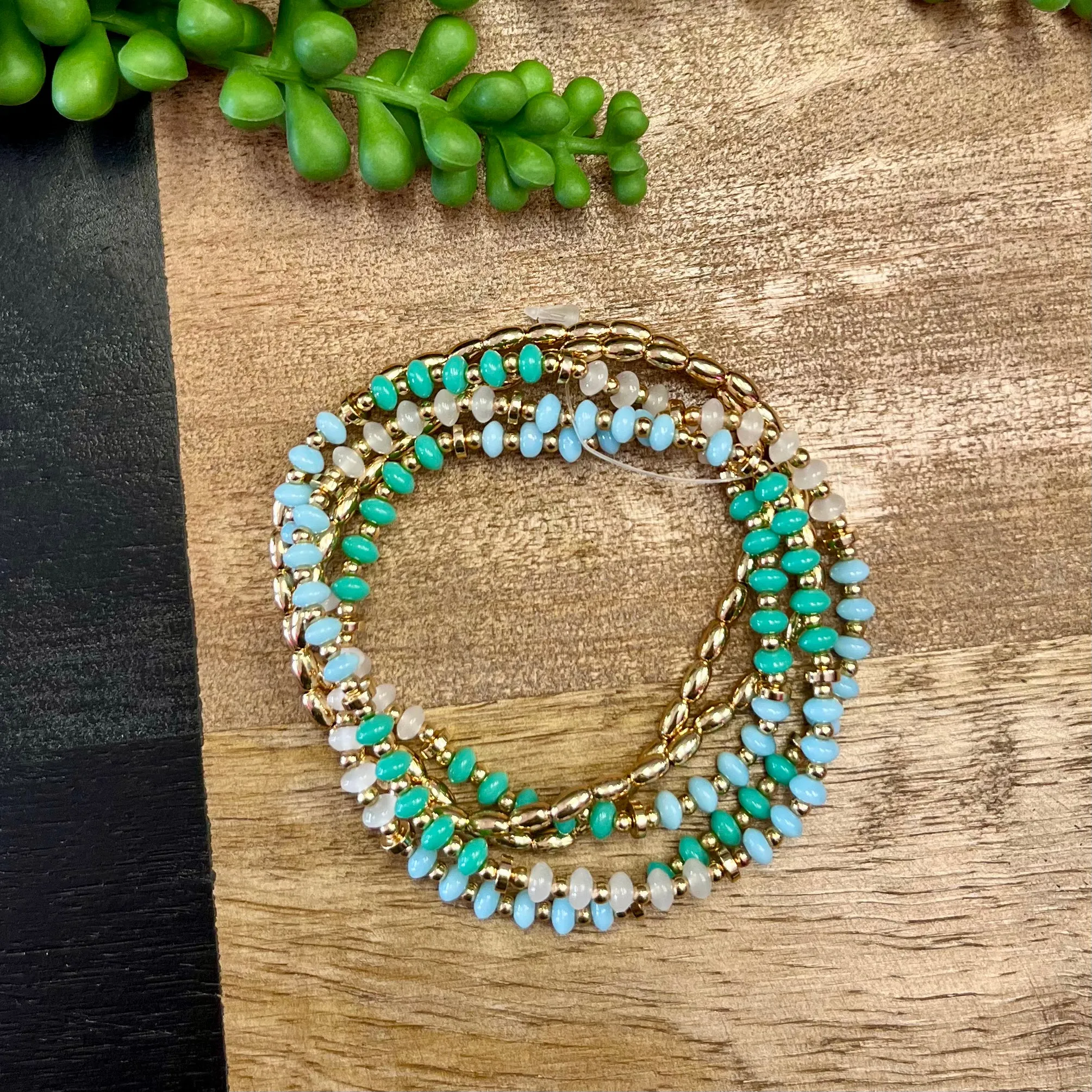 Green, Blue, & Gold 5 Bracelet Set