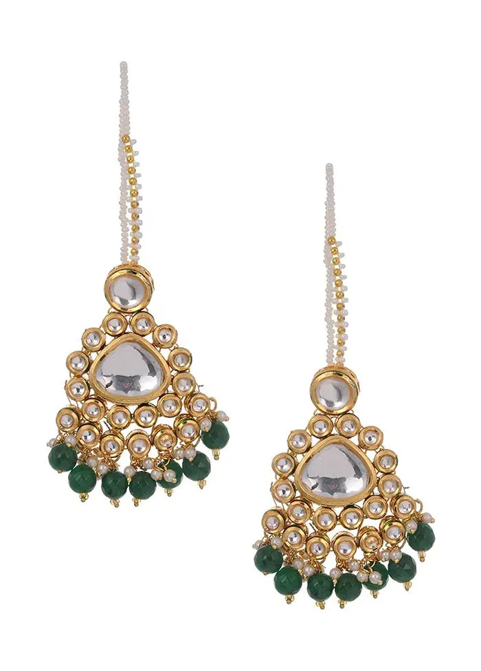Green Gold Tone Kundan Earrings With Ear Chains