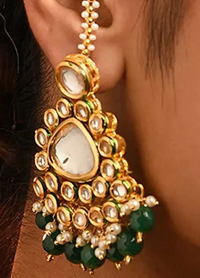 Green Gold Tone Kundan Earrings With Ear Chains