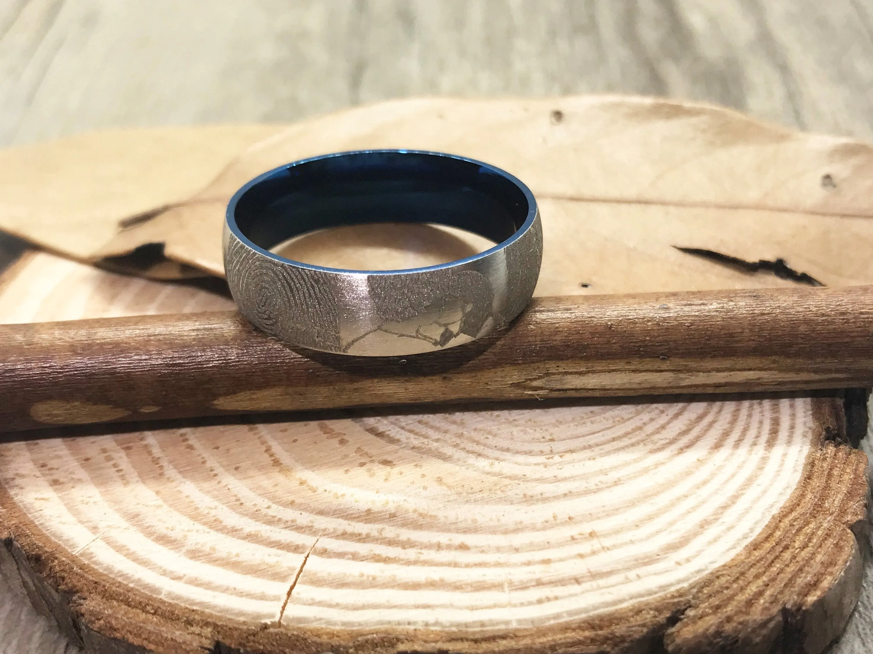 Handmade Fingerprint Comic Rings set, Love Rings, Kiss Matching Wedding Rings Titanium, Blue Mens Rings 6mm